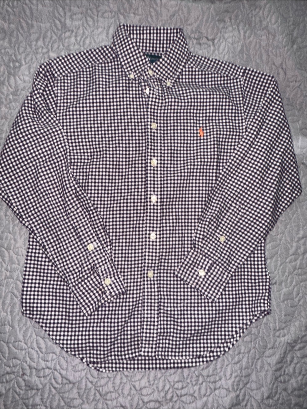 Ralph Lauren Navy and White Gingham Button-Down Shirt with Orange Pony